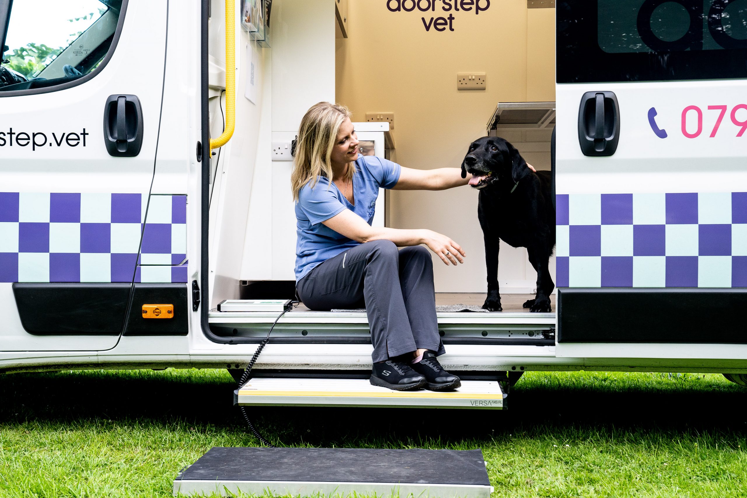 vet and dog in a van